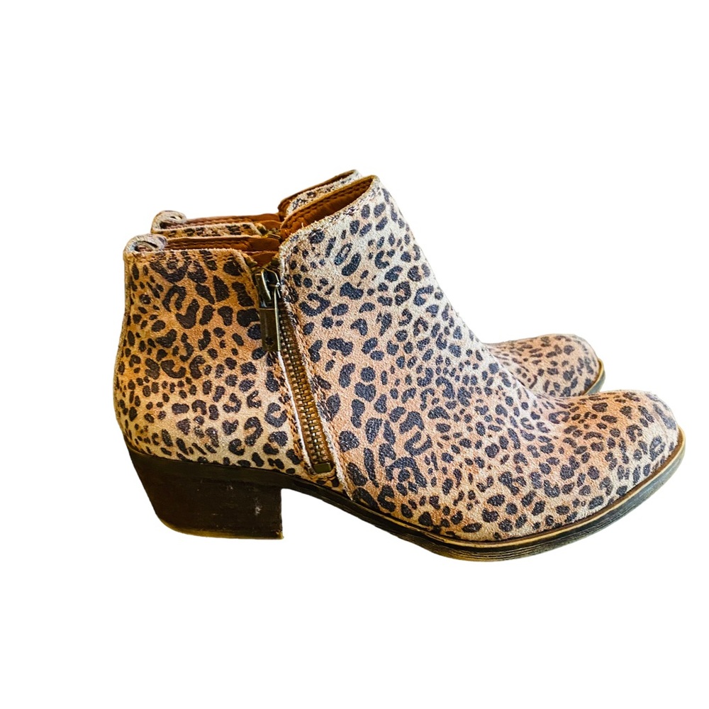 Lucky Brand Basel Suede Leather Leopard Print Zip Ankle Boots Booties - Picture 2 of 10